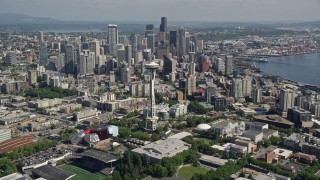 AX47_050 - 5K aerial stock footage of a view of the Space Needle, and downtown skyscrapers in the background, Downtown Seattle, Washington