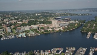 AX47_082E - 5K aerial stock footage of approaching University of Washington and Portage Bay in Seattle, Washington