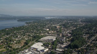 AX47_141 - 5K aerial stock footage approach Mount Baker suburban neighborhoods beside Lake Washington, Seattle, Washington