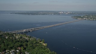 AX47_142 - 5K aerial stock footage of Lacey V. Murrow Memorial Bridge spanning Lake Washington to Mercer Island, Seattle, Washington
