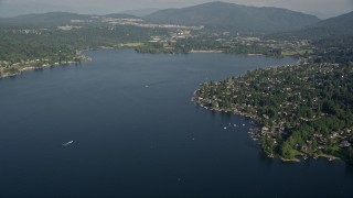 AX48_016E - 5K aerial stock footage of waterfront homes in Issaquah on the shore of Lake Sammamish, Washington