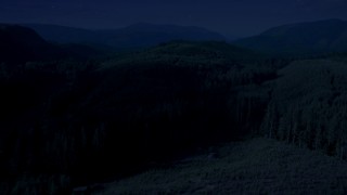 AX48_055_DFN - 4K day for night color corrected aerial stock footage of an evergreen forest, reveal a narrow road through the trees in King County, Washington