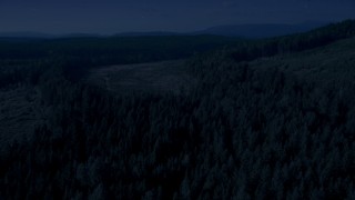 AX48_094_DFN - 4K day for night color corrected aerial stock footage of evergreens and pan across forest and clear cut areas, King County, Washington