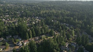 AX49_027 - 5K aerial stock footage fly by residential neighborhood and evergreen trees, Sammamish, Washington