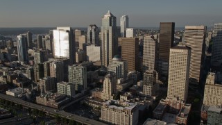 AX49_085 - 5K aerial stock footage of towering skyscrapers and high-rises in Downtown Seattle, Washington