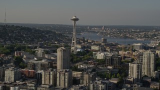 AX49_087 - 5K aerial stock footage of the Seattle Space Needle in Downtown Seattle, Washington