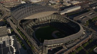 AX49_093 - 5K aerial stock footage of CenturyLink Field and approach Safeco Field, Downtown Seattle, Washington