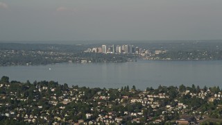 AX49_094 - 5K aerial stock footage of a view of Downtown Bellevue, Washington, seen from across Lake Washington