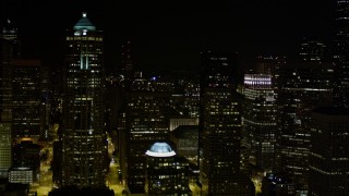 AX51_015 - 5K aerial stock footage flyby tall skyscrapers in Downtown Seattle, Washington, night