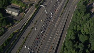 AX53_011 - 5K aerial stock footage of following heavy highway traffic, Southwest Portland, Oregon