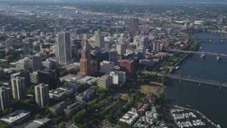 AX53_017 - 5K aerial stock footage fly away from downtown skyscrapers and high-rises, Downtown Portland, Oregon