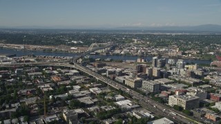 AX53_051 - 5K aerial stock footage of Interstate 405 through Downtown Portland near the Fremont Bridge, Oregon