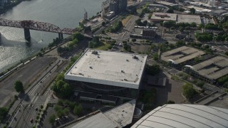 AX53_077 - 5K aerial stock footage of approaching the Veterans Memorial Coliseum, Lloyd District, Northeast Portland, Oregon
