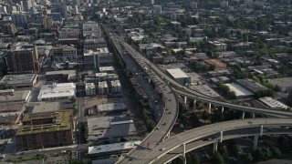 AX53_083 - 5K aerial stock footage fly by heavy traffic on interstate 405 and Highway 30, Downtown Portland, Oregon