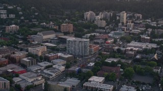 AX54_077 - 5K aerial stock footage approach condo complex and Providence Park, formerly Jeld-Wen Field, Downtown Portland, Oregon, sunset