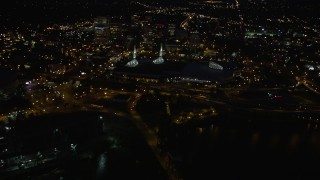 AX55_035 - 5K stock footage aerial video of approaching the Oregon Convention Center, Lloyd District, Northeast Portland, Oregon, night