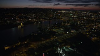 AX55_043 - 5K aerial stock footage of approaching downtown, seen from Marquam Bridge, Downtown Portland, Oregon, twilight