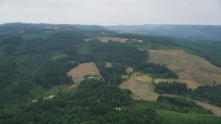AX56_015 - 5K aerial stock footage of hillside logging areas surrounded by evergreen forest in Banks, Oregon