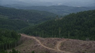 AX56_035 - 5K aerial stock footage fly over a clear cut area with a view of evergreen forest in Clatsop County, Oregon