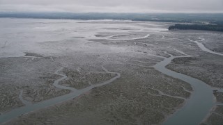 AX56_152 - 5K aerial stock footage of flying over wetlands on the shore of Willapa Bay, Washington