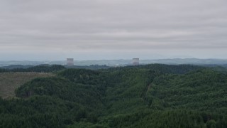 AX57_001 - 5K aerial stock footage of the cooling towers of the Satsop Nuclear Power Plant, Satsop, Washington