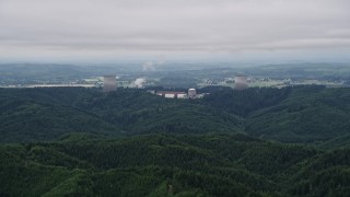 AX57_006 - 5K aerial stock footage of tops of the cooling towers at Satsop Nuclear Power Plant, Satsop, Washington
