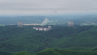 AX57_007 - 5K aerial stock footage of top of the cooling towers, Satsop Nuclear Power Plant, Satsop, Washington
