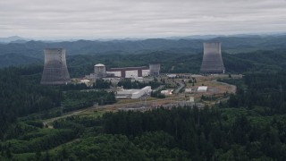 AX57_016 - 5K aerial stock footage of a view of the Satsop Nuclear Power Plant facility in Satsop, Washington