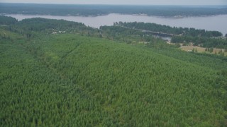 AX58_020 - 5K aerial stock footage fly over evergreen forest to approach Reach Island and Case Inlet, Grapeview, Washington