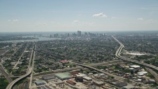 AX59_003 - 5K aerial stock footage approach St Roch neighborhood and Downtown New Orleans skyline, Louisiana