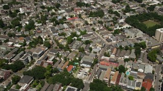 AX59_034 - 5K aerial stock footage bird's eye view of streets, apartments, and town homes in the historic French Quarter, New Orleans, Louisiana