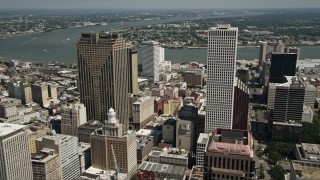 AX59_042 - 5K aerial stock footage fly between Place St. Charles and One Shell Square in New Orleans, Louisiana, pan to reveal French Quarter