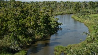 AX60_092 - 5K aerial stock footage of following a narrow river through a swamp in St. Charles Parish, Louisiana