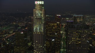 AX64_0248E - 5K aerial stock footage flyby US Bank Tower in Downtown Los Angeles, California, twilight