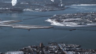 AX66_0043 - 4.8K stock footage aerial video track passenger jet landing LaGuardia Airport, New York