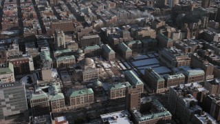 AX66_0074 - 4.8K aerial stock footage orbit around the Columbia University campus during winter, Morningside Heights, New York City