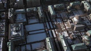 AX66_0079 - 4.8K aerial stock footage of Columbia University campus with snow in Morningside Heights, New York City