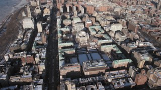 AX66_0081 - 4.8K aerial stock footage circle around the campus of Columbia University with snow, Morningside Heights, New York City