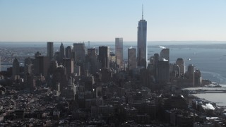 AX66_0115 - 4.8K aerial stock footage of One World Trade Center and Lower Manhattan skyline, New York City