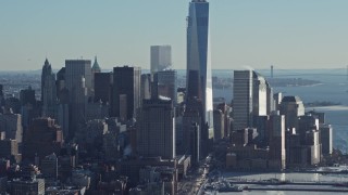 AX66_0116 - 4.8K aerial stock footage tilt from Lincoln Highway to reveal One World Trade Center, New York City