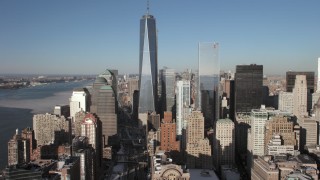 AX66_0137 - 4.8K aerial stock footage approach One World Trade Center, New York City