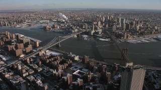 AX66_0142 - 4.8K aerial stock footage an orbit of Brooklyn Bridge and Manhattan Bridge, New York City