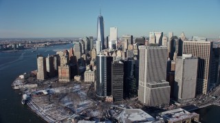 AX66_0153 - 4.8K stock footage aerial video of Lower Manhattan skyscrapers and One World Trade Center, New York City