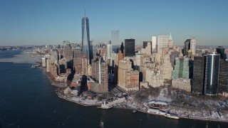 AX66_0154E - 4.8K aerial stock footage of World Trade Center and Lower Manhattan skyscrapers, New York City
