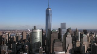 AX66_0170 - 4.8K aerial stock footage One World Trade Center and skyscrapers, Lower Manhattan, New York City
