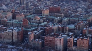 AX66_0279E - 4.8K aerial stock footage of Columbia University in winter, New York City, twilight