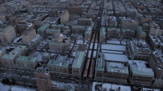 AX66_0290 - 4.8K aerial stock footage tilt to Columbia University and orbit in winter, New York City, twilight