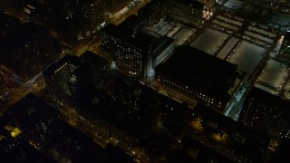 AX67_0011 - 4.8K aerial stock footage view orbiting Lerner Hall at night, Columbia University, New York City, New York