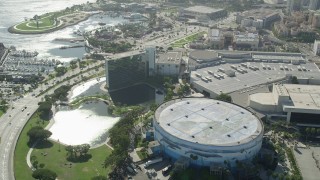 AX68_059 - 4.8K aerial stock footage of the Hyatt Regency Long Beach and Convention Center in Downtown Long Beach, California