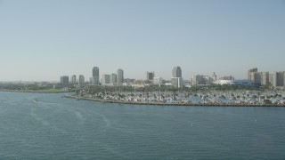AX68_134 - 4.8K aerial stock footage of Shoreline Marina and Downtown Long Beach skyline, California